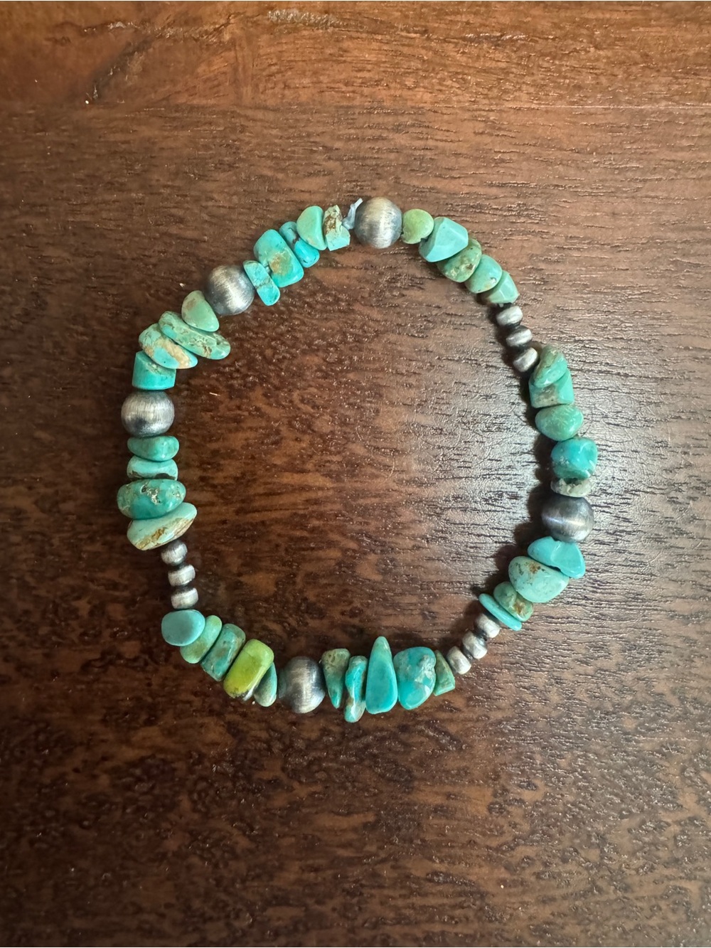 Turquoise Chip and Silver Pearl Stretch Bracelet